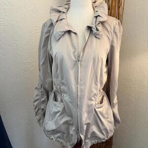 Cream/tan Lafayette 148 jacket with ruffle collar and pockets #rufflecollar
